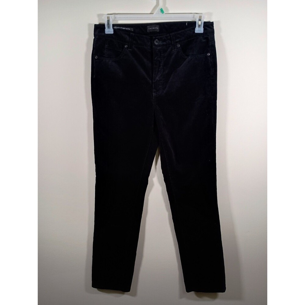 Talbots Womens Black Corduroy Straight Leg Zip Stretch Cotton Blend Pants Size 8